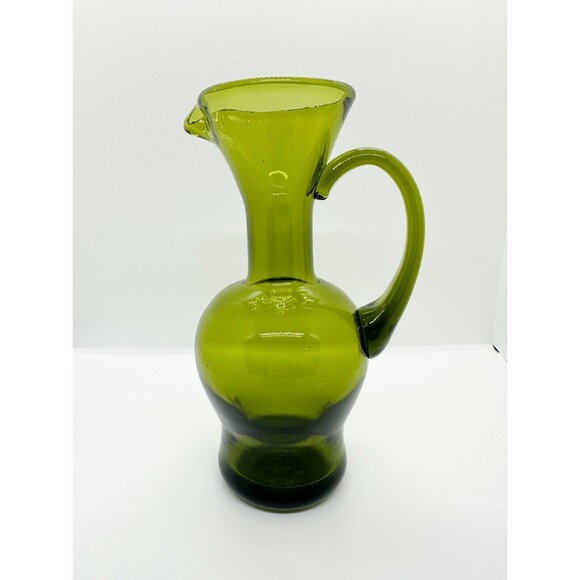 Vintage Hand Blown Pitcher Olive Green Avocado Art Glass Vase 8" MCM - Picture 1 of 9